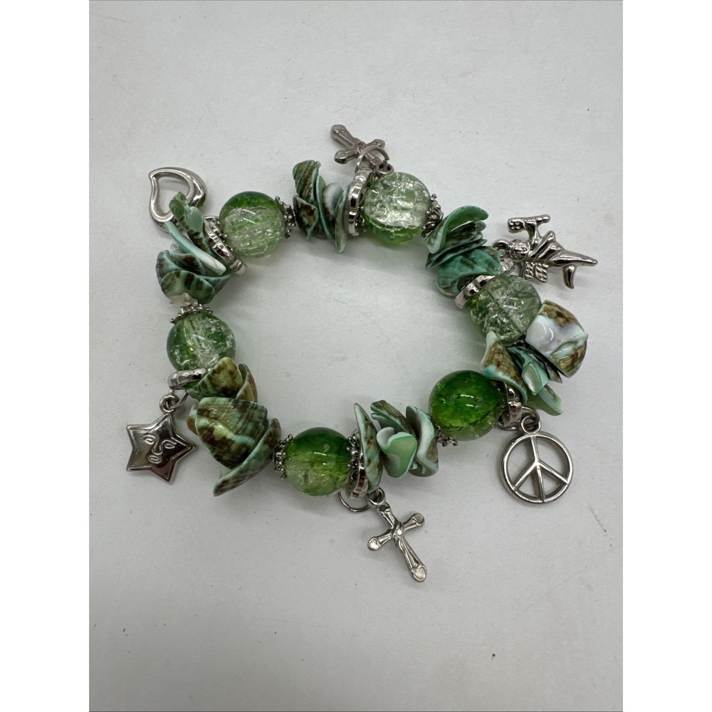 Green Charm Bracelet From Estate Shells, Beads Hearts Cross Peace‎ Angel